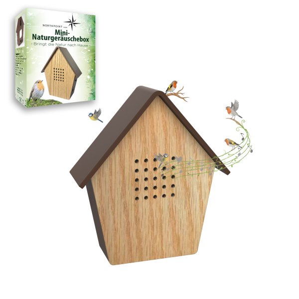 Northpoint Naturgeräuschebox Vogel Gesang Vogelzwitscher mit Echtholz Bewegungsmelder Vogelgeräusche Licht Aufladbar mit Wandhalterung